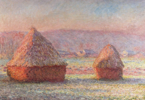 Claude Monet, Grainstacks, White Frost, Sunrise, 1888
