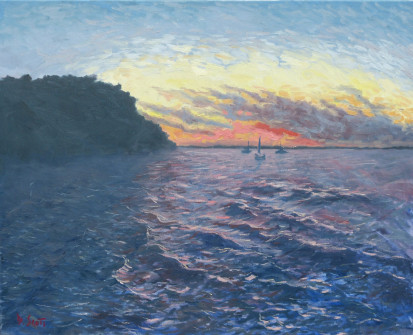 Dan Scott, Three Boats At Kingfisher Bay, 23.5x29 Inches, 2016