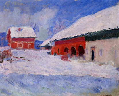 Claude Monet, Red Houses at Bjornegaard in the Snow, Norway, 1895