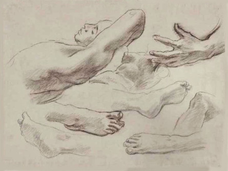 John Singer Sargent, Sketch for “Satin and Hesperide”. Drawing of Feet, Hands and a Reclining Figure, 1925