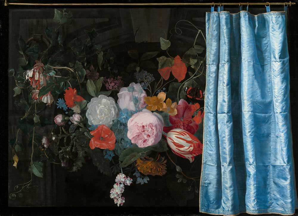 Adriaen van der Spelt and Frans van Mieris, Trompe-l'Oeil Still Life with a Flower Garland and a Curtain, 1658