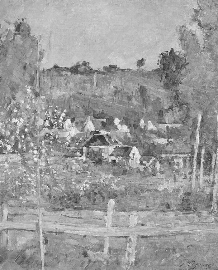 Paul Cézanne, View of Auvers-sur-Oise—La Barrière, c.1873, Grayscale, 700W
