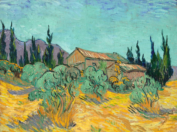 Vincent van Gogh, Wooden Cabins Among Olive and Cypress Trees, 1889
