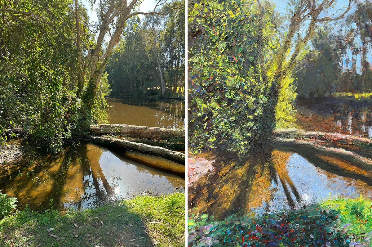 Dan Scott, Fallen Trees and Striking Contrast, 2024, Side-by-Side With Reference Photo