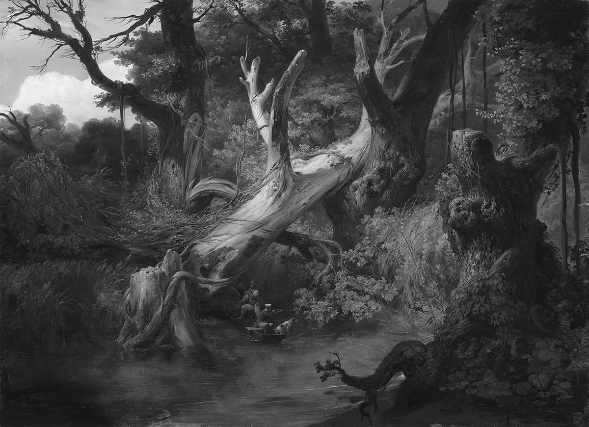 Horace Vernet, Hunting in the Pontine Marshes, 1833, Grayscale