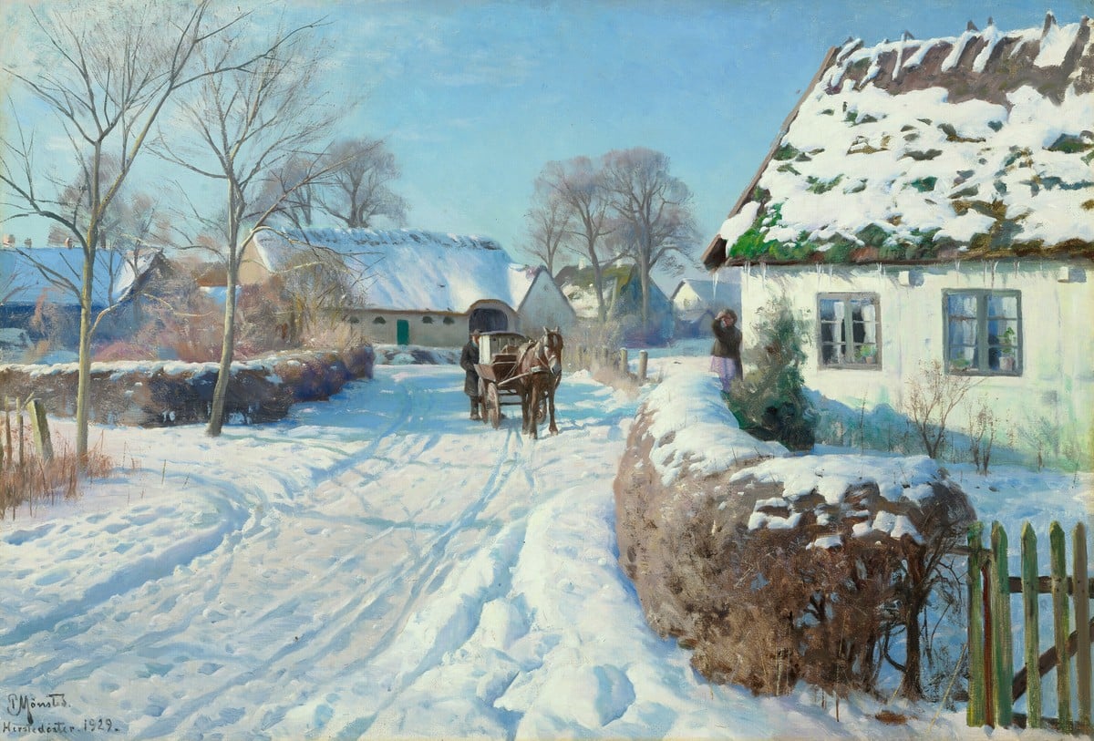 Peder Mørk Mønsted, A Village in the Snow, 1929